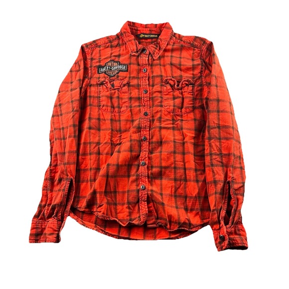 Harley Davidson Flannel Shirt Women's Large Red Plaid Embroidered Button Down - Picture 1 of 12